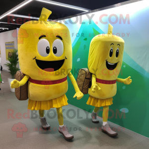 Lemon Yellow Burgers mascot costume character dressed with a Blouse and Backpacks