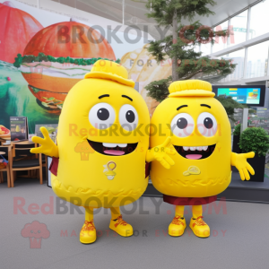 Lemon Yellow Burgers mascot costume character dressed with a Blouse and Backpacks