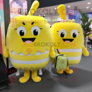 Lemon Yellow Burgers mascot costume character dressed with a Blouse and Backpacks