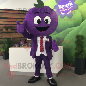 Purple Raspberry mascot costume character dressed with a Blazer and Shoe clips