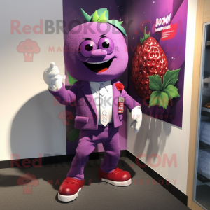 Purple Raspberry mascot costume character dressed with a Blazer and Shoe clips