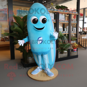 Sky Blue Surfboard mascot costume character dressed with a Boyfriend Jeans and Keychains