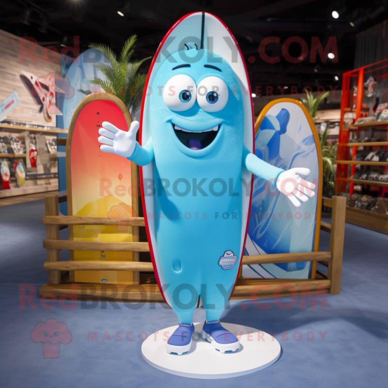 Sky Blue Surfboard mascot costume character dressed with a Boyfriend Jeans and Keychains Sky Blue Surfboard mascot costume character dressed with a Boyfriend Jeans and Keychains