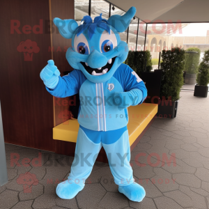 Sky Blue Devil mascot costume character dressed with a Windbreaker and Headbands