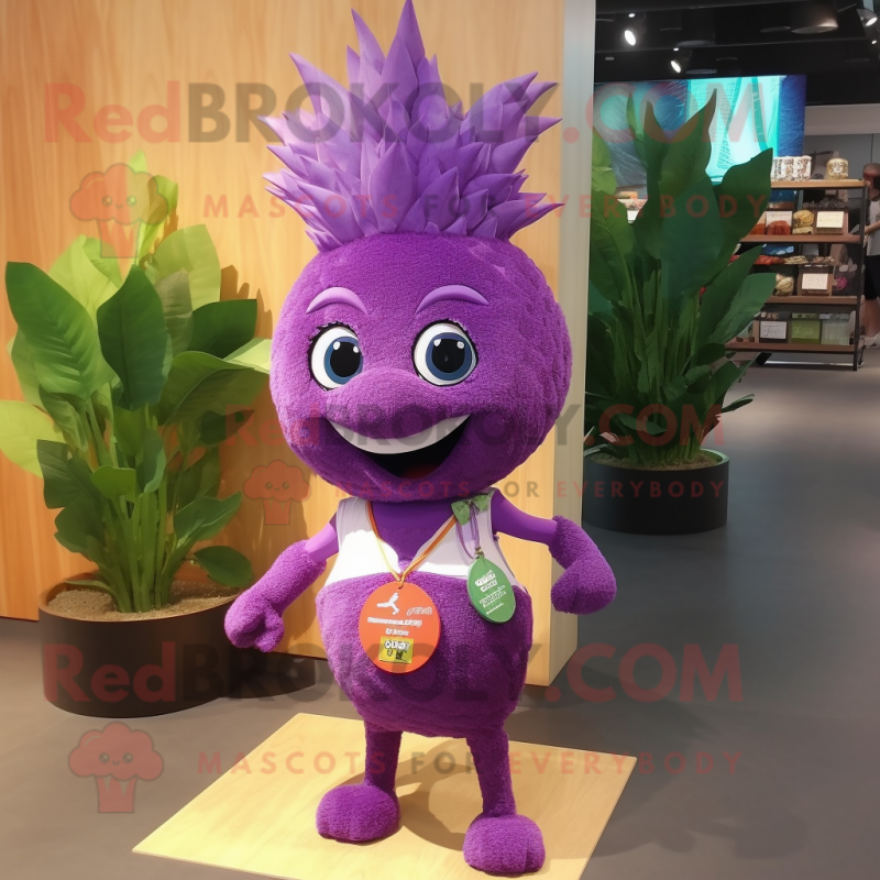 Purple Pineapple mascot costume character dressed with a Shorts and Hair clips