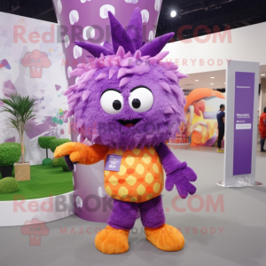 Purple Pineapple mascot costume character dressed with a Shorts and Hair clips