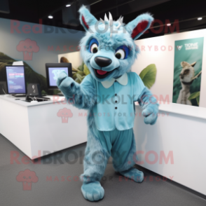 Cyan Hyena mascot costume character dressed with a Jumpsuit and Ties