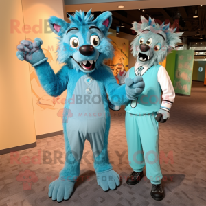 Cyan Hyena mascot costume character dressed with a Jumpsuit and Ties