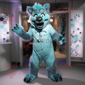 Cyan Hyena mascot costume character dressed with a Jumpsuit and Ties