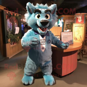 Cyan Hyena mascot costume character dressed with a Jumpsuit and Ties