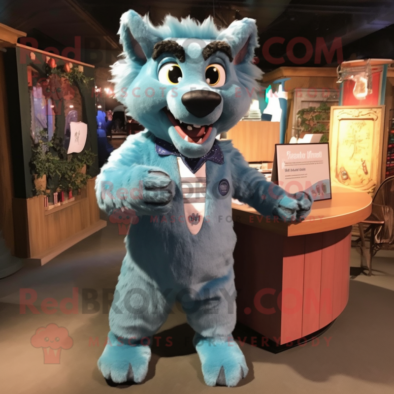 Cyan Hyena mascot costume character dressed with a Jumpsuit and Ties