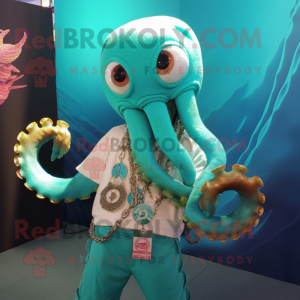 Turquoise Kraken mascot costume character dressed with a Blouse and Necklaces