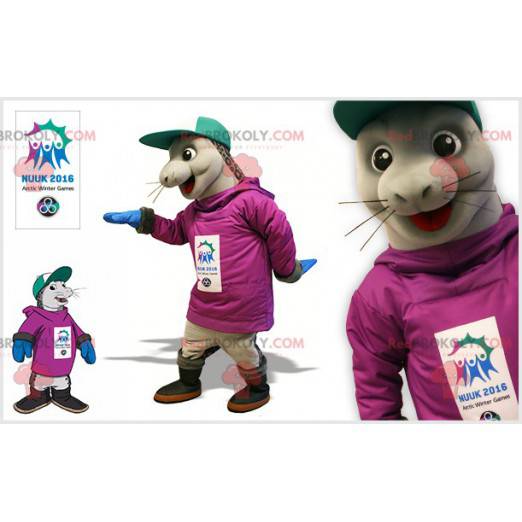 Mascotte d'otarie de phoque gris avec une casquette -