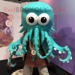 Turquoise Kraken mascot costume character dressed with a Blouse and Necklaces