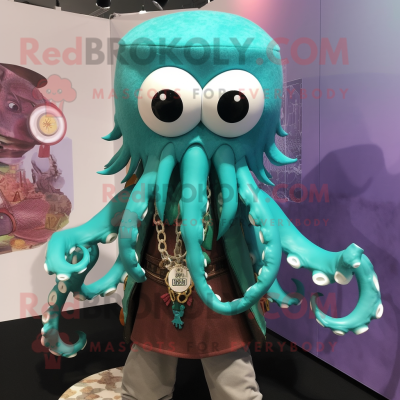 Turquoise Kraken mascot costume character dressed with a Blouse and Necklaces