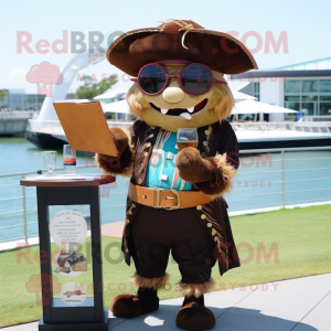 Brown Pirate mascot costume character dressed with a Cocktail Dress and Reading glasses