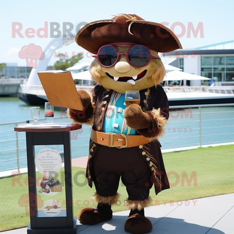 Brown Pirate mascot costume character dressed with a Cocktail Dress and Reading glasses Brown Pirate mascot costume character dressed with a Cocktail Dress and Reading glasses