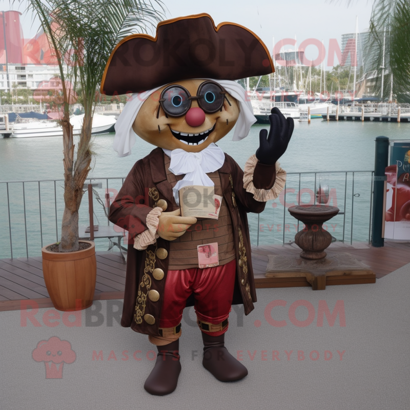 Brown Pirate mascot costume character dressed with a Cocktail Dress and Reading glasses