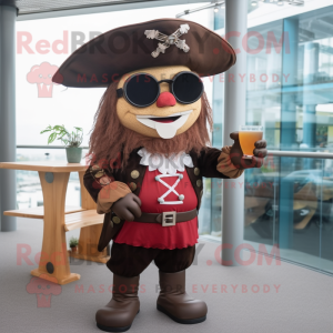 Brown Pirate mascot costume character dressed with a Cocktail Dress and Reading glasses