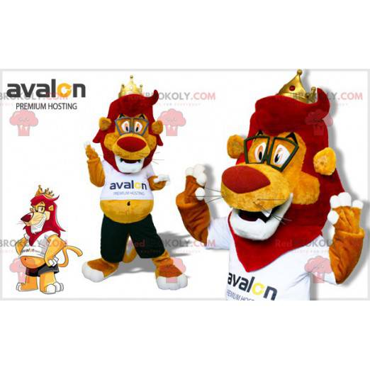 Mascotte leone rosso e giallo con una grande pancia -