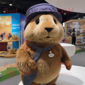 Brown Guinea Pig mascot costume character dressed with a Jeggings and Hats