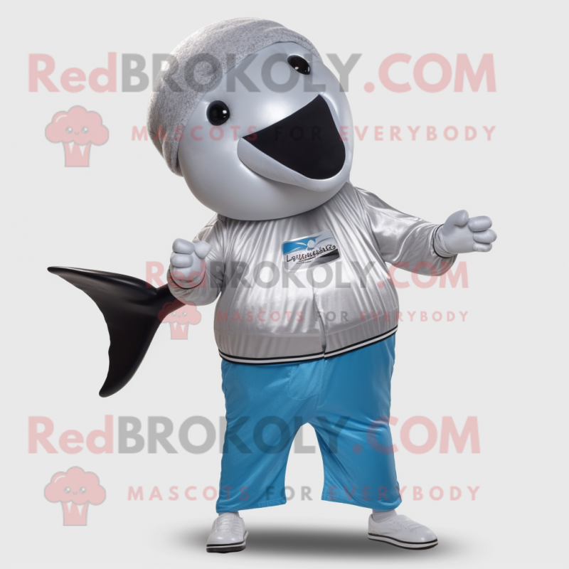 Silver Humpback Whale mascot costume character dressed with a Capri Pants and Bracelets