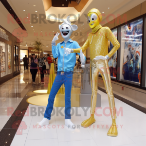 Gold Stilt Walker mascot costume character dressed with a Boyfriend Jeans and Keychains