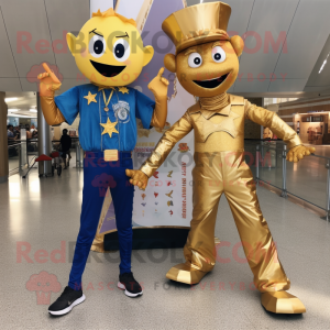 Gold Stilt Walker mascot costume character dressed with a Boyfriend Jeans and Keychains