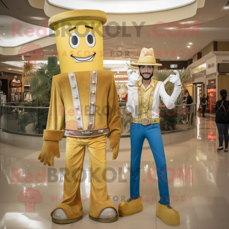 Gold Stilt Walker mascot costume character dressed with a Boyfriend Jeans and Keychains