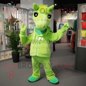 Lime Green Mare mascot costume character dressed with a Sweatshirt and Tie pins