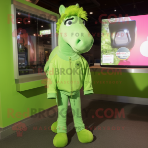 Lime Green Mare mascot costume character dressed with a Sweatshirt and Tie pins