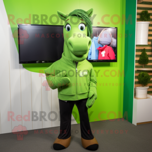 Lime Green Mare mascot costume character dressed with a Sweatshirt and Tie pins