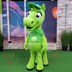 Lime Green Mare mascot costume character dressed with a Sweatshirt and Tie pins