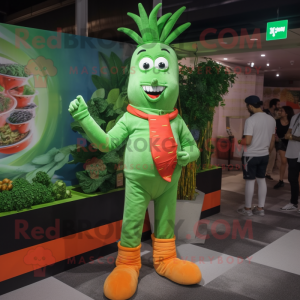 Green Carrot mascot costume character dressed with a Flare Jeans and Bracelet watches