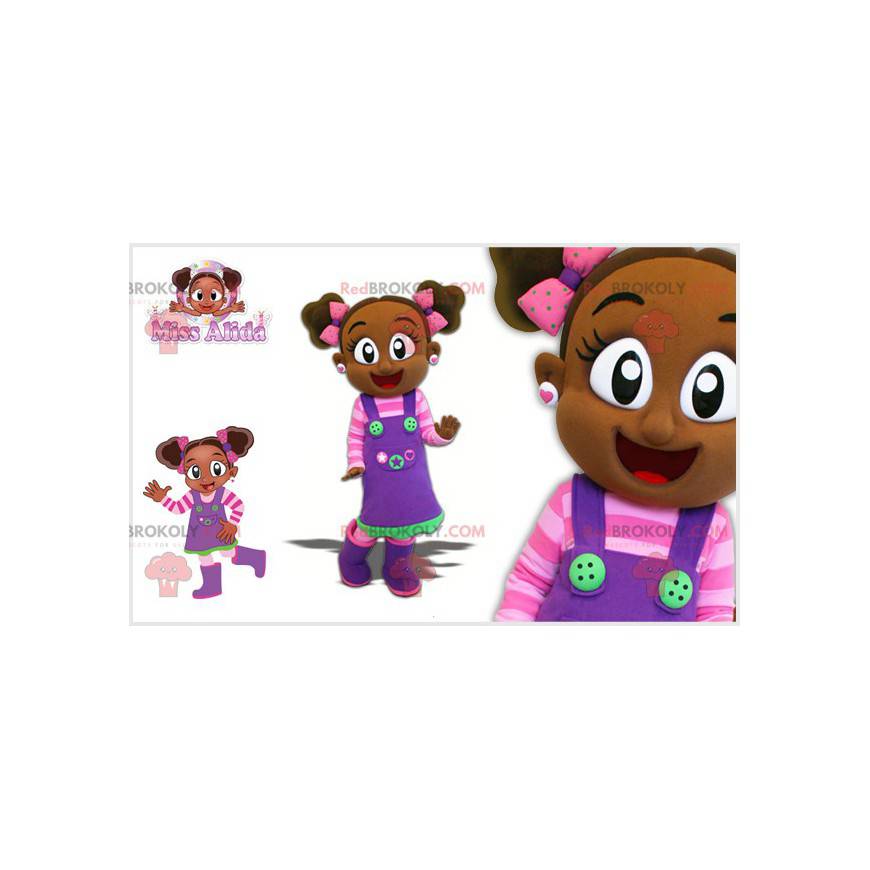 Mascotte de petite fille africaine avec une tenue colorée -
