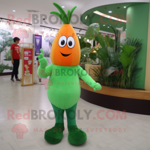 Green Carrot mascot costume character dressed with a Flare Jeans and Bracelet watches