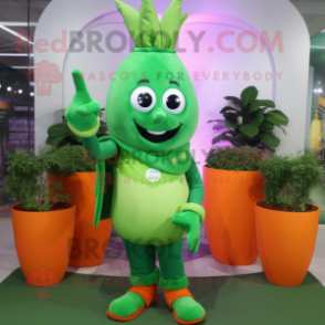 Green Carrot mascot costume character dressed with a Flare Jeans and Bracelet watches