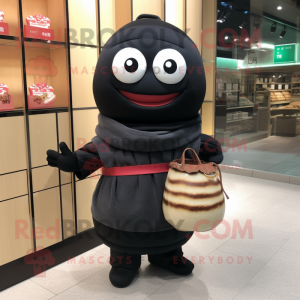 Black Miso Soup mascot costume character dressed with a Turtleneck and Handbags