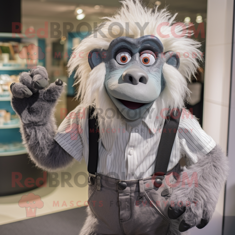Silver Baboon mascot costume character dressed with a Blouse and Suspenders Silver Baboon mascot costume character dressed with a Blouse and Suspenders