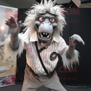 Silver Baboon mascot costume character dressed with a Blouse and Suspenders