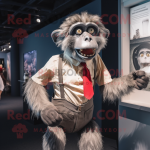 Silver Baboon mascot costume character dressed with a Blouse and Suspenders