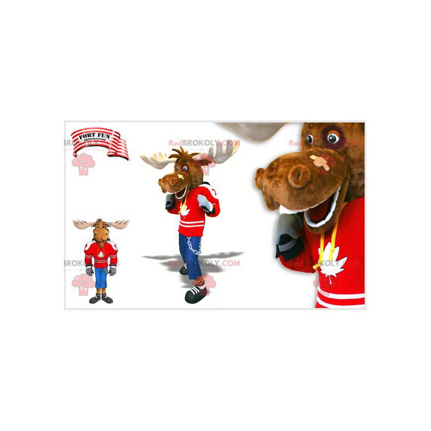 Mascota del caribú del jugador de hockey. Mascota de los alces Mascota del caribú del jugador de hockey. Mascota de los alces