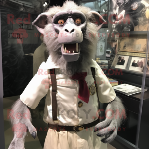 Silver Baboon mascot costume character dressed with a Blouse and Suspenders