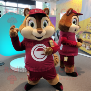 Maroon Chipmunk mascot costume character dressed with a Bodysuit and Coin purses