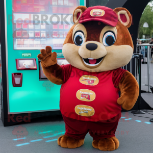 Maroon Chipmunk mascot costume character dressed with a Bodysuit and Coin purses