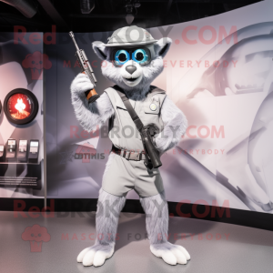 Silver Sniper mascot costume character dressed with a V-Neck Tee and Messenger bags