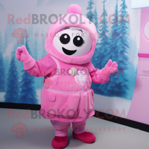 Pink But mascot costume character dressed with a Wrap Skirt and Mittens