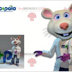 Mascote de rato branco e rosa com jaleco de médico -