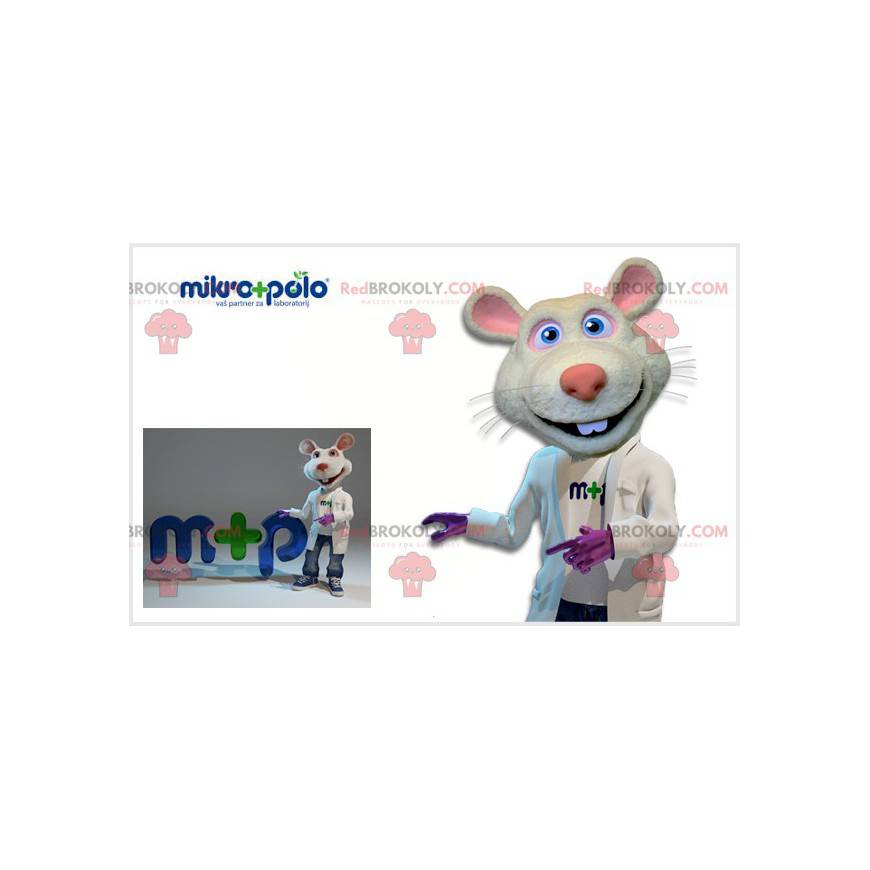 Mascote de rato branco e rosa com jaleco de médico -