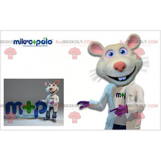 Mascotte de rat blanc et rose avec une blouse de médecin -